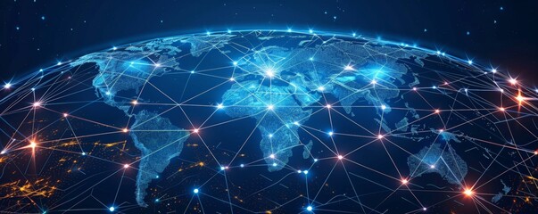 Fototapeta premium A digital representation of global connectivity with interconnected data points and glowing lines over a world map, illustrating network technology.