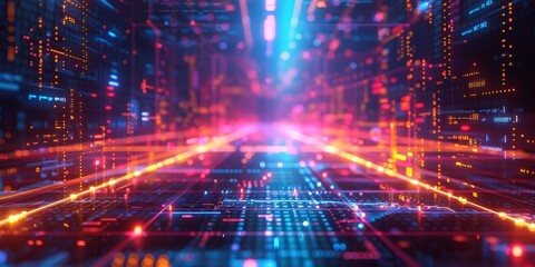 Obraz premium Futuristic digital data stream with vibrant neon lights, representing advanced technology, cyber infrastructure, and high-speed internet connectivity.