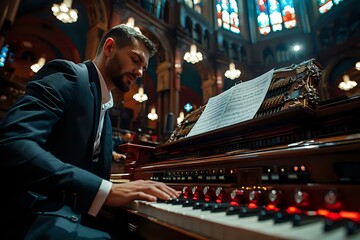 Church Musician at Grand Organ with Choir and Hymnals in Reverent Church Setting