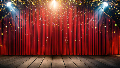 red curtains. A spotlight illuminated by a shining stage.
