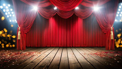 red curtains. A spotlight illuminated by a shining stage.