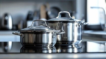Stainless steel pots and pans in modern kitchen setting with sink in background for culinary designs