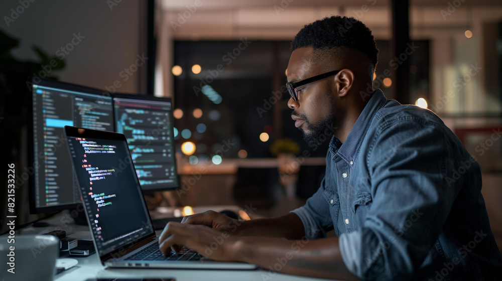 Poster software engineer typing on laptop at desk in modern office, a programmer writing a software code on