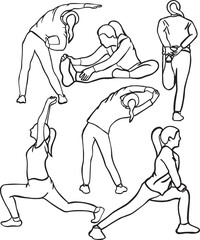 Set of line drawings of women with exercise characteristics Expressing various expressions with emotions running, sitting, lying down, walking. Vector illustration.