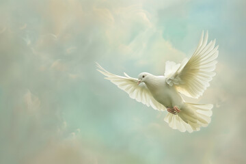 Obraz premium A Beautiful White Dove in Mid-Flight with Its Wings Gracefully Spread Against a Soft, Pastel-Colored Sky Background, Symbolizing Peace, Freedom, and Purity in a Serene and Tranquil Scene