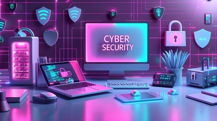 A conceptual cyber security setup with neon lights featuring a desktop with 'CYBER SECURITY' on screen, protected by digital locks and shields