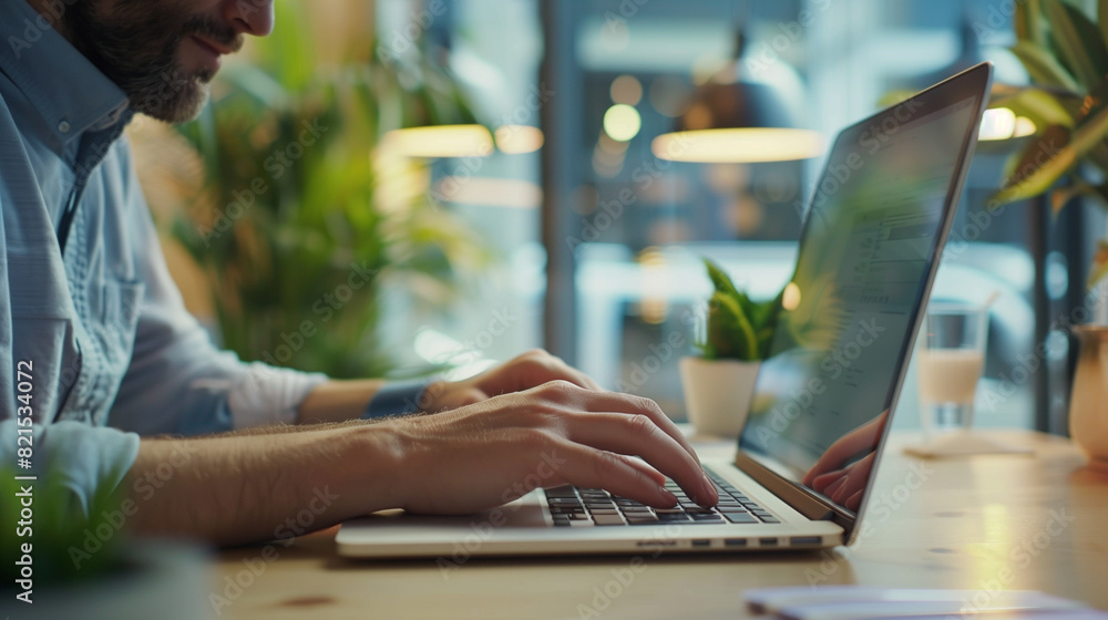 Poster software engineer typing on laptop at desk in modern office, a programmer writing a software code on
