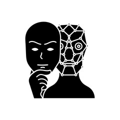 Deep fake concept robot wearing human face mask black hand drawn icon