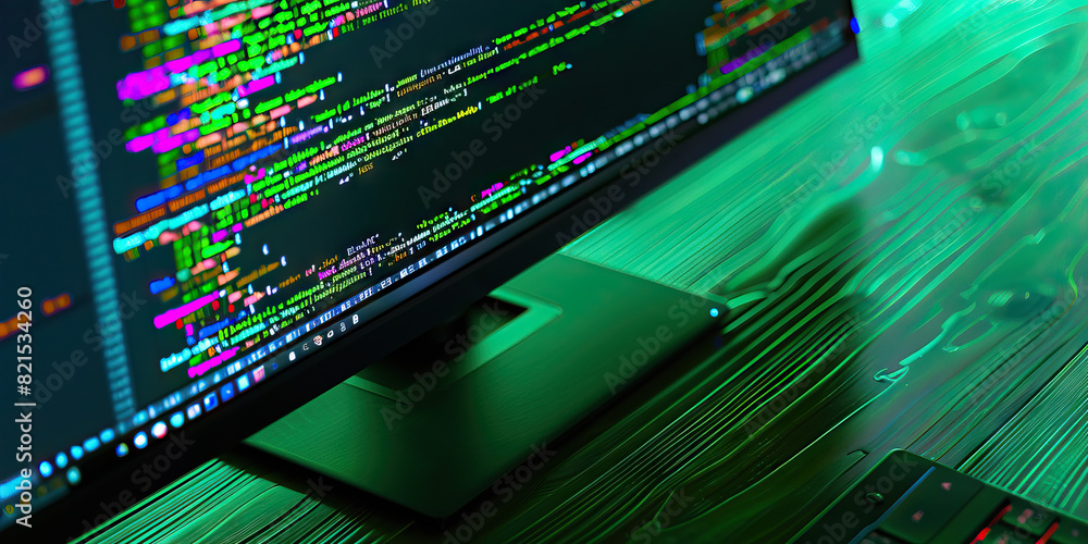 Poster the shimmering emerald sea of codes: a computer monitor displaying vibrant lines of code, reflecting