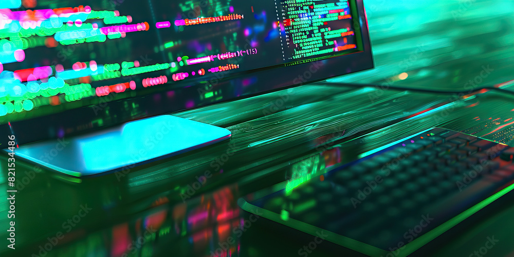 Poster the shimmering emerald sea of codes: a computer monitor displaying vibrant lines of code, reflecting