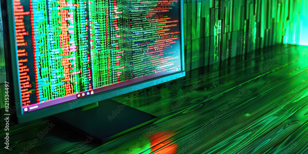 Poster the shimmering emerald sea of codes: a computer monitor displaying vibrant lines of code, reflecting