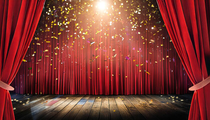 レッドカーテン。光り輝くステージに照らされたスポットライト。red curtains. A spotlight illuminated by a shining stage.