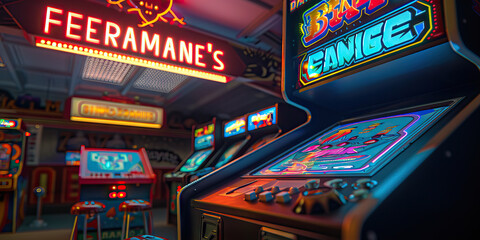 Retro Arcade: A nostalgic gaming den, complete with vintage arcade cabinets, classic consoles, and a jukebox playing '80s tunes.