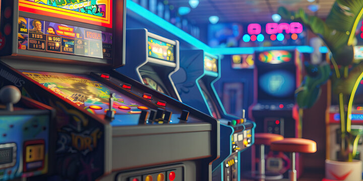 Retro Arcade: A nostalgic gaming den, complete with vintage arcade cabinets, classic consoles, and a jukebox playing '80s tunes.