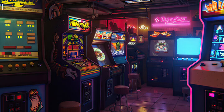 Retro Arcade: A nostalgic gaming den, complete with vintage arcade cabinets, classic consoles, and a jukebox playing '80s tunes.