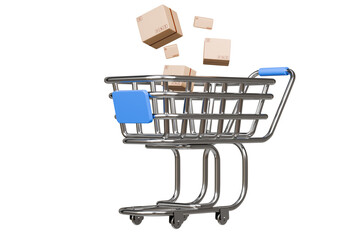 3d Shopping cart with cardboard boxes inside cart icon isolated on white background. Online Shopping, E-Commerce Concept. Minimal Empty Metal shopping basket cart icon creative design. 3d render.