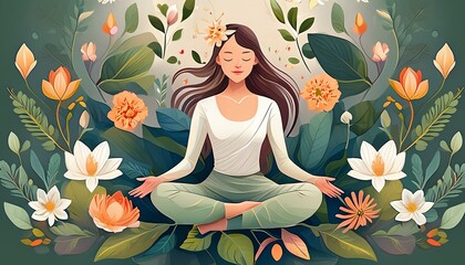 Illustration of a woman meditating in lotus pose with flowers and leaves.