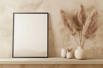 simple wooden frame in empty room with beige walls