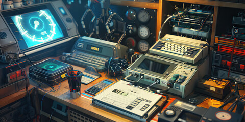 The Melancholy of Cyberspace: A desk adorned with vintage posters, a retro typewriter, and an old school computer.