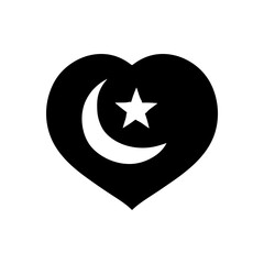 Crescent star inside heart shape black hand drawn icon