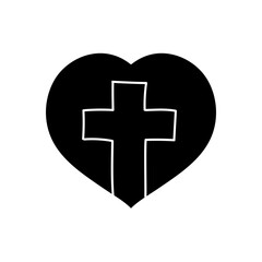 Christian cross inside heart shape black hand drawn icon