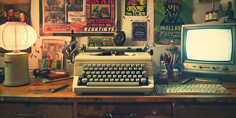 A Neuromancer's Toolkit: A cluttered workspace filled with futuristic gadgets, a holographic display, and a vintage fax machine