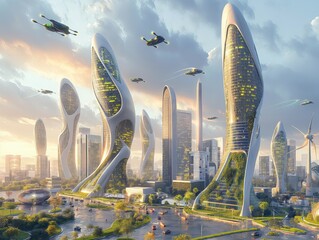 A futuristic city with tall buildings and flying vehicles. The sky is cloudy and the sun is setting