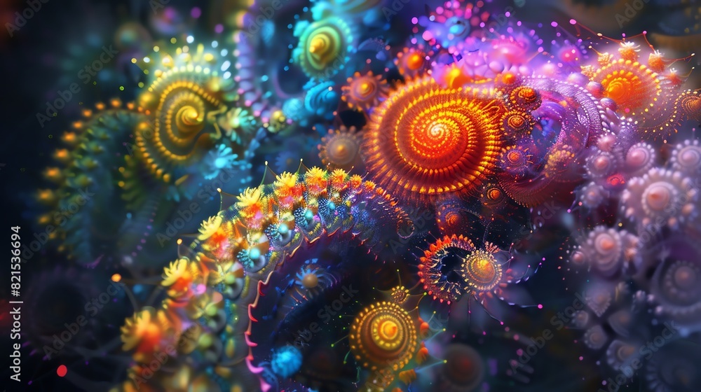 Poster vibrant abstract fractal artwork with colorful spirals and intricate patterns, creating a mesmerizin