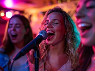 A woman singing into a microphone with two other women in the background. Scene is lively and fun, as the women are singing and enjoying themselves