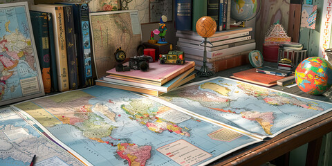 Travel-Themed Desk: Maps, guidebooks, and souvenirs adorn a desk, suggesting an adventurous spirit and numerous travel experiences