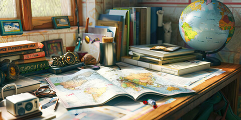 Travel-Themed Desk: Maps, guidebooks, and souvenirs adorn a desk, suggesting an adventurous spirit and numerous travel experiences