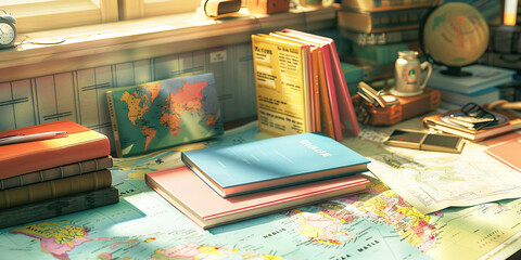 Travel-Themed Desk: Maps, guidebooks, and souvenirs adorn a desk, suggesting an adventurous spirit and numerous travel experiences