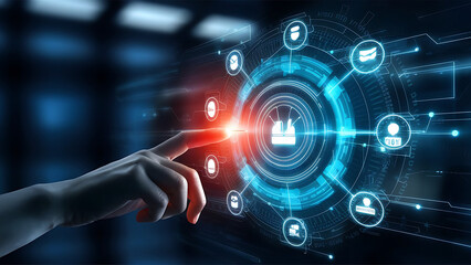 Fototapeta premium Digital technology, internet network connection concept. Finger touching on virtual screen with futuristic technology background, data exchange
