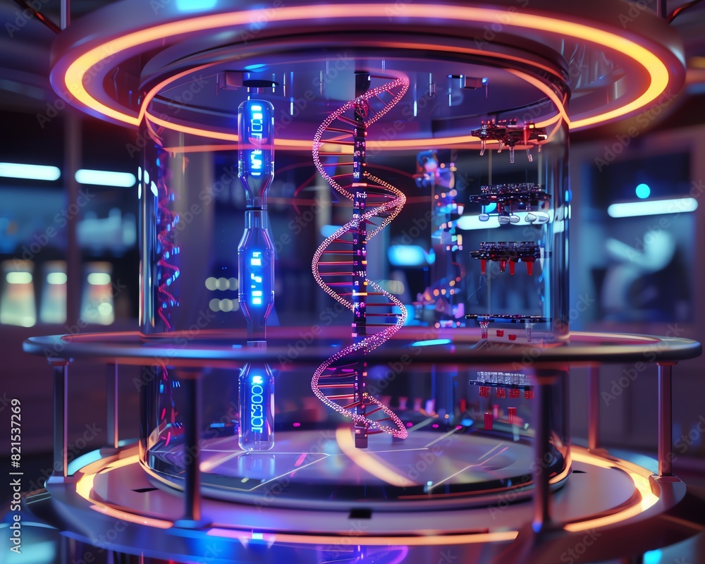 Poster futuristic dna helix model in a high-tech laboratory illuminated with neon lights, representing adva