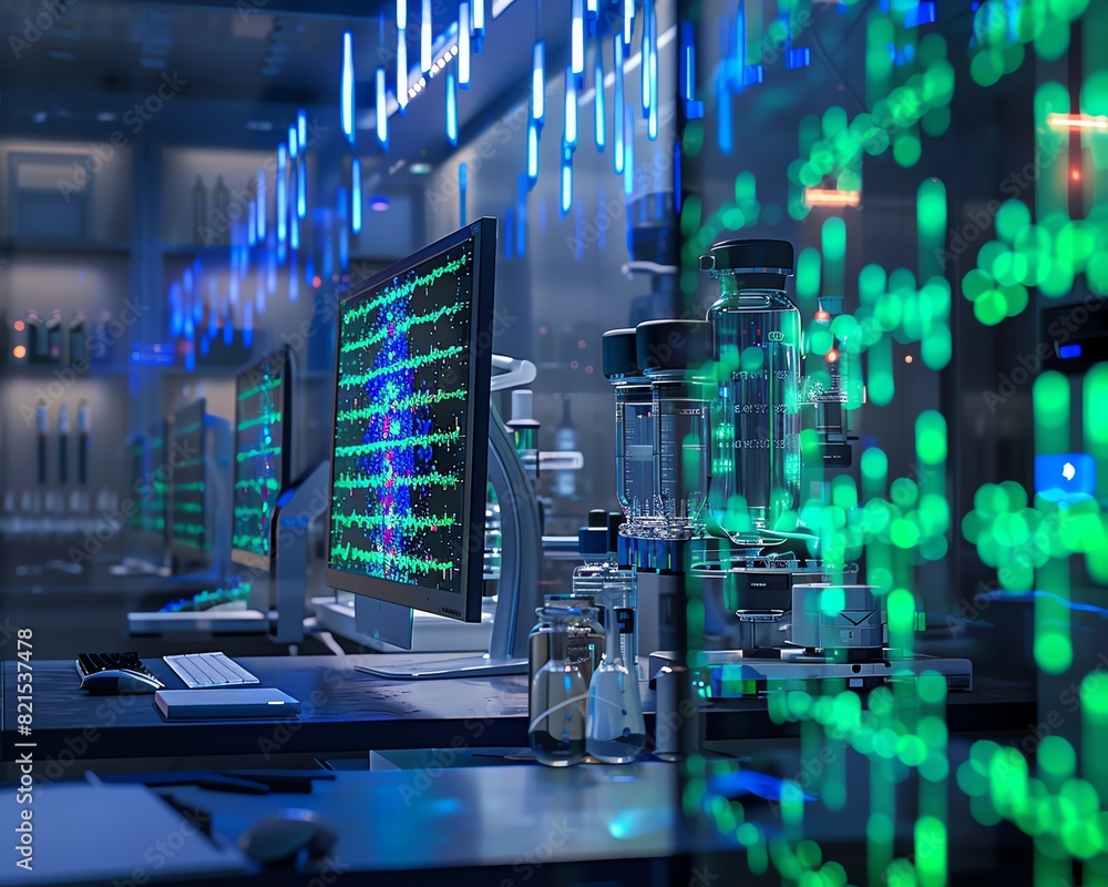 Poster modern laboratory with advanced technology screens displaying data in a high-tech environment with b