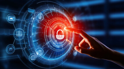 Obraz premium Digital technology, internet network connection concept. Finger touching on virtual screen with futuristic technology background, data exchange