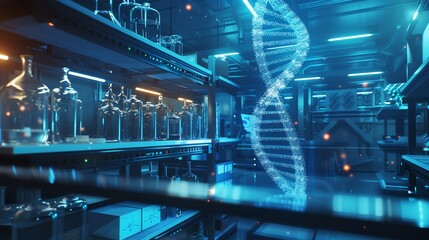 Futuristic laboratory with a 3D holographic DNA structure. Advanced scientific research and technology in a modern lab setting.