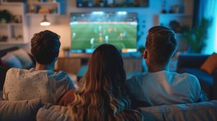 A Group of Young Friends Watching a Soccer Match On the TV.