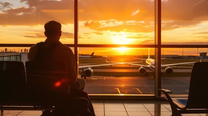 Fototapeta premium As he waits for his tour flight, the traveler reflects on the countless adventures he has embarked upon and the many more that lie ahead, his heart full of gratitude for the privilege 