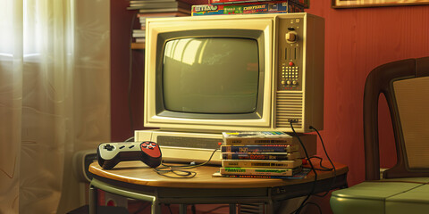 Vintage Gaming Setup: A Retro TV Tableau Showcasing a Retro Gaming Console with Nostalgic Video Games and a Vintage Game Controller