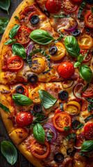 Fototapeta premium Top View of Fresh Veggie Pizza: Vibrant and Healthy AI-Generated Image