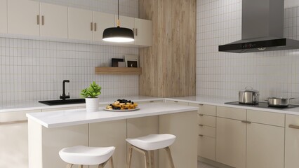 Modern, luxury kitchen with ivory cream built in cabinet, cupboard, kitchen island and white tile...