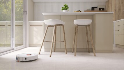 White modern vacuum cleaner robot cleaning marble floor of luxury kitchen with cream built in cabinet, island in sunlight from glass door for housework, smart home lifestyle, technology background 3D