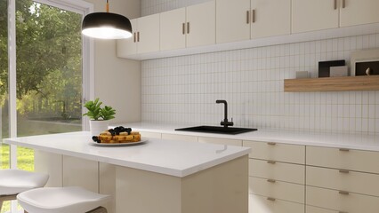 Modern, luxury kitchen with ivory cream built in cabinet, cupboard, kitchen island and white tile splashback in sunlight from glass door for interior design, product background 3D © Sue Tansirimas