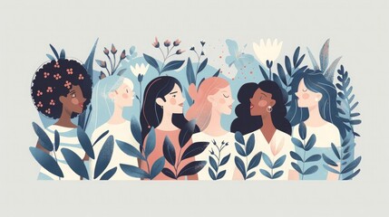 Flat illustration of women's day, various ethnicities and plants, minimalistic