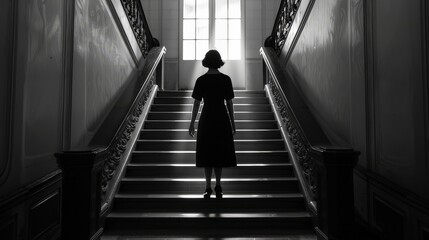As she reaches the bottom of the stairs, the woman pauses for a moment, her presence commanding attention and respect, a symbol of strength and resilience in the face of adversity.