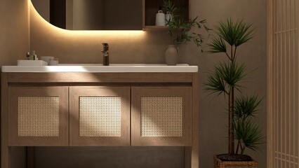 Wooden brown vanity counter, white washbasin, mirror cabinet, partition in sunlight on wall for...