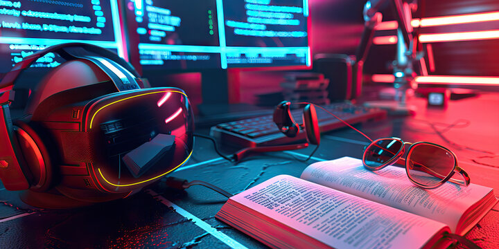 Neuromancer's Futuristic Desk: Minimalist workstation adorned with a VR headset, sunglasses, and a closed book, hinting at the cyberpunk-inspired world