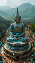 Fototapeta premium Wide-Angle View of Buddhist Temple: Vibrant Buddha Purnima Celebration