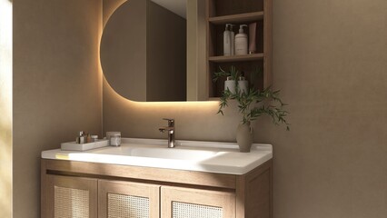 Wooden brown vanity counter, white washbasin, mirror cabinet in sunlight on wall for modern, luxury...